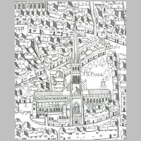 Old St Paul's, still with its spire, as shown on the 'Copperplate' map of the 1550s (Wikipedia).jpg